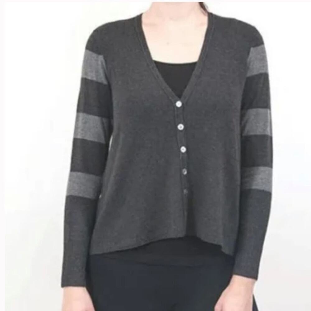 EILEEN FISHER | Cozy Soft Striped‎ Charcoal and Light Gray Cardigan Sweater XS